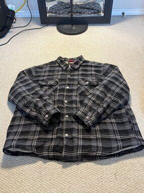 Dickies Sherpa-Lined Flannel Shirt Jacket in Black/Gray Plaid - XL